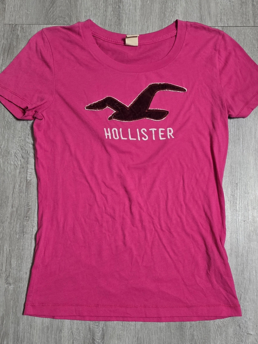 Vintage Y2K Hollister Hot Pink Seagull Graphic Baby Tee Embroidered Large